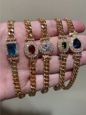 New Gold Multicolor Stone Chain Bracelet in blue, red, clear, green.